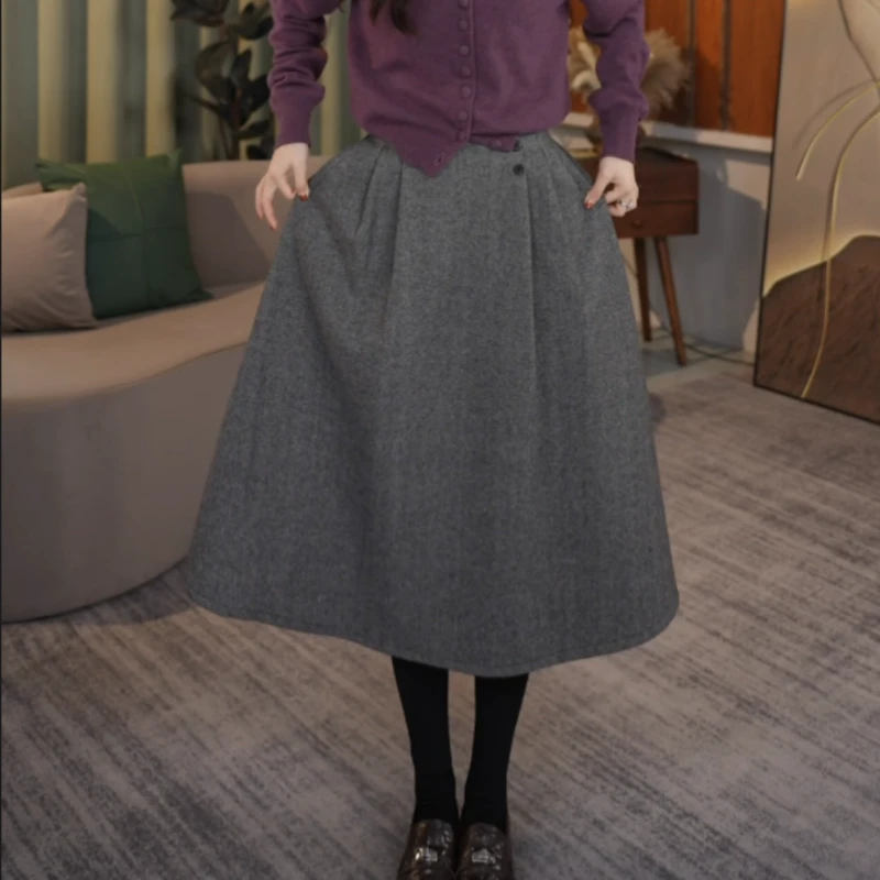 2025春秋高腰保暖法式复古灰色半身裙女显瘦遮跨A字中长款伞裙女