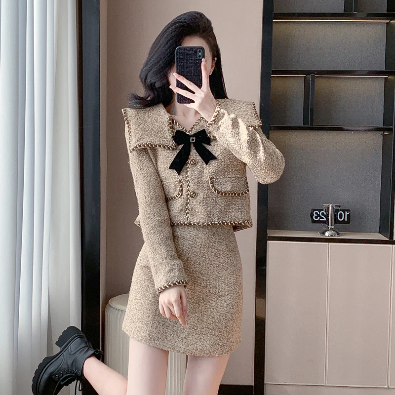 秋冬新款姜饼香香卡其色设计感高端蝴蝶结小香风气质套装裙两件套