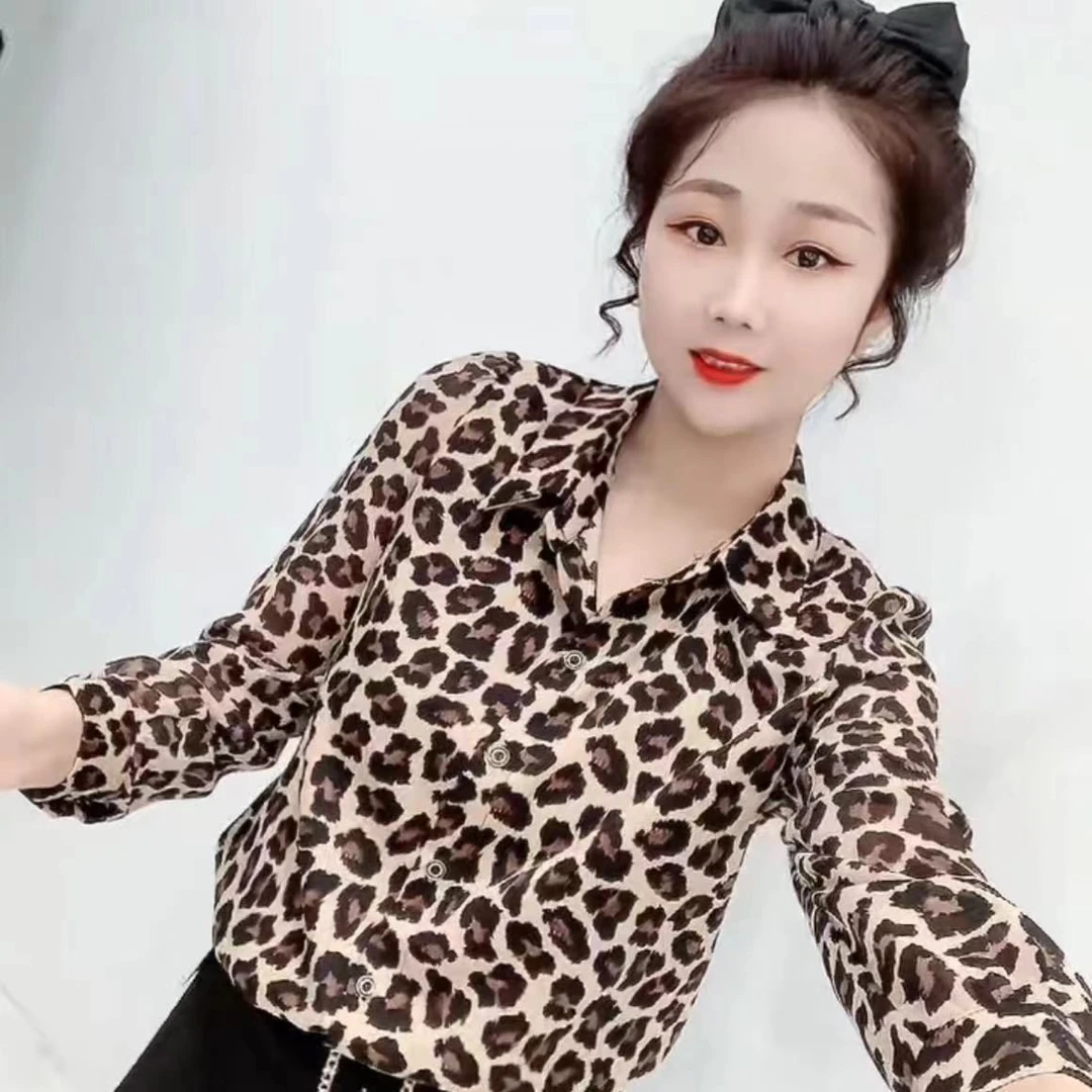2023秋季爆款新款时尚修身百搭气质豹纹衬衣长袖洋女潮洋气小衫