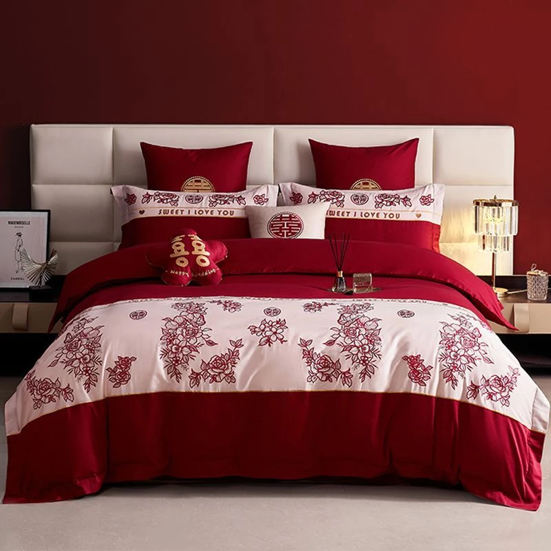 水星新家纺婚庆四件套中式红色喜被4件套酒红色100%棉质结婚新婚