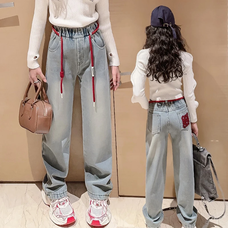女童春季牛仔裤加厚长裤2024新款儿童中大童女孩加绒春款阔腿裤潮