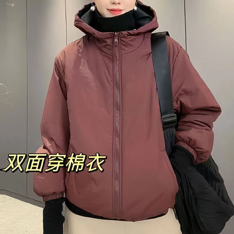 【拼色双面穿】新款冬季女休闲连帽轻薄小棉衣宽松双面穿防风外套