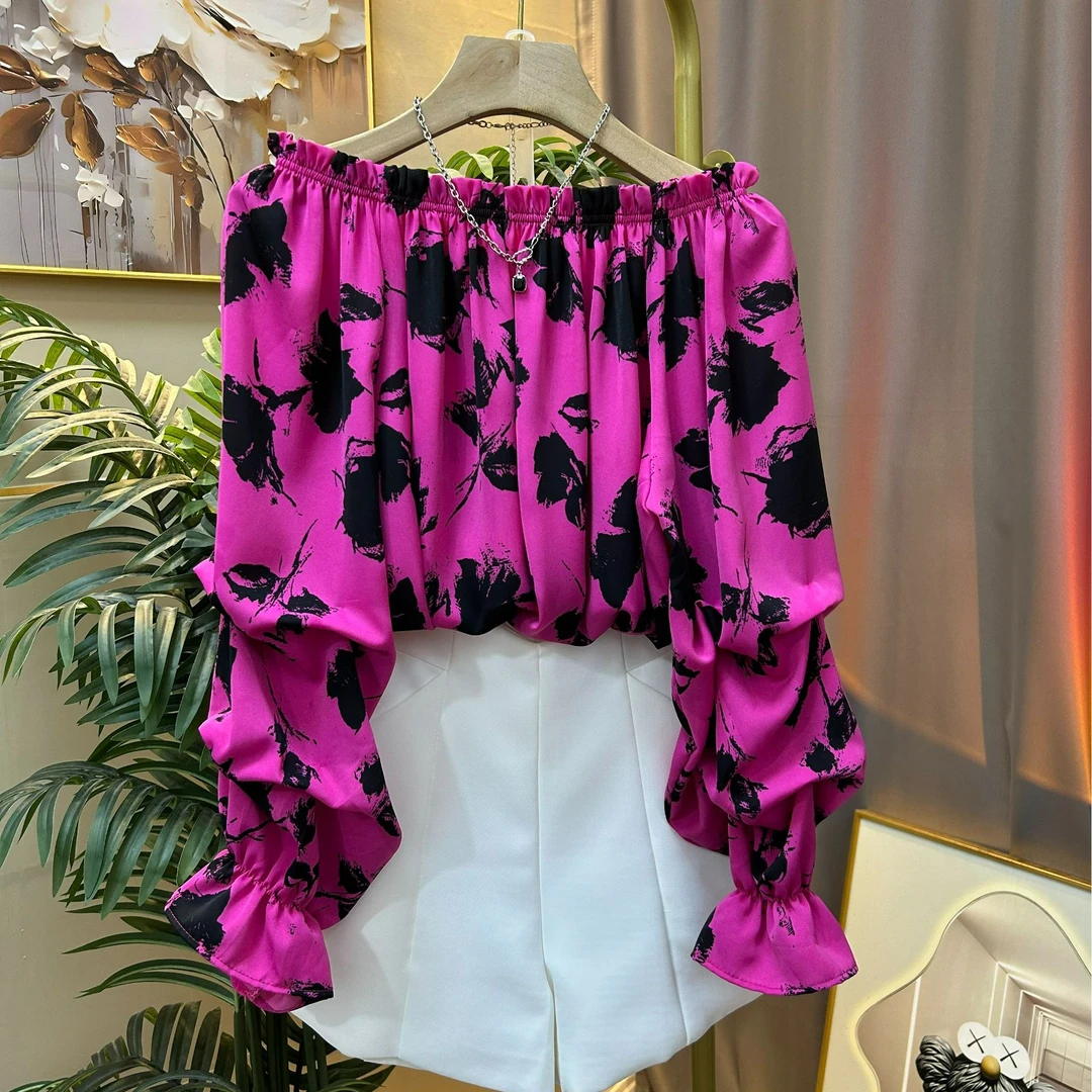 春夏玫红色圆领花色衬衫女士上衣碎花气质衬衣时尚宽松印花设计感