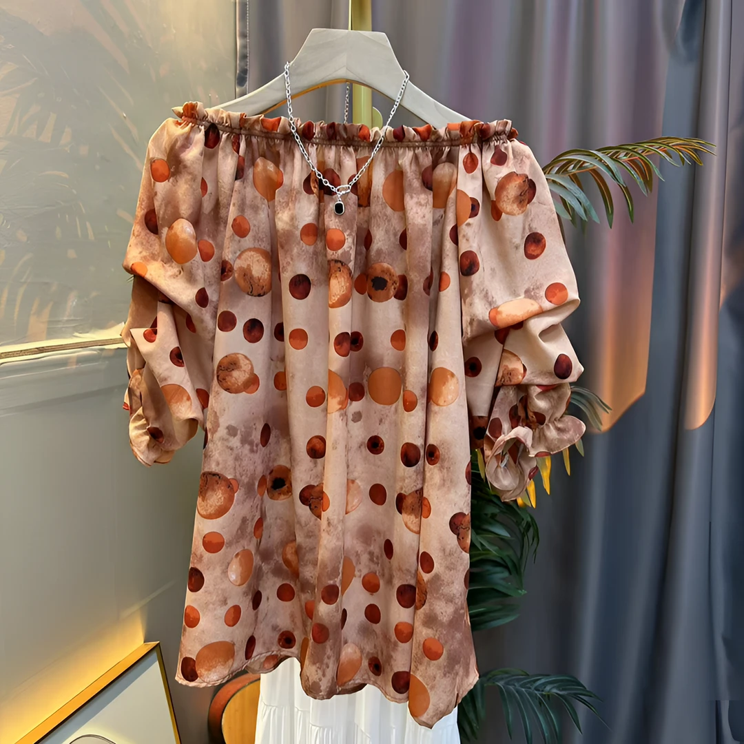 复古显白圆领一字肩衬衫上衣碎花气质衬衣时尚夏季宽松印花设计感