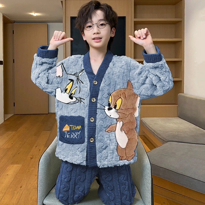 儿童睡衣珊瑚绒法兰秋冬季加绒加厚款大男童小男孩家居服2025新款