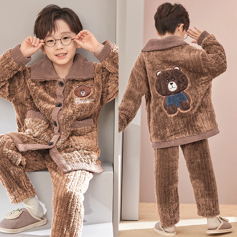 秋冬季儿童珊瑚绒睡衣中大童男童男孩加厚款加绒法兰绒家居服冬天