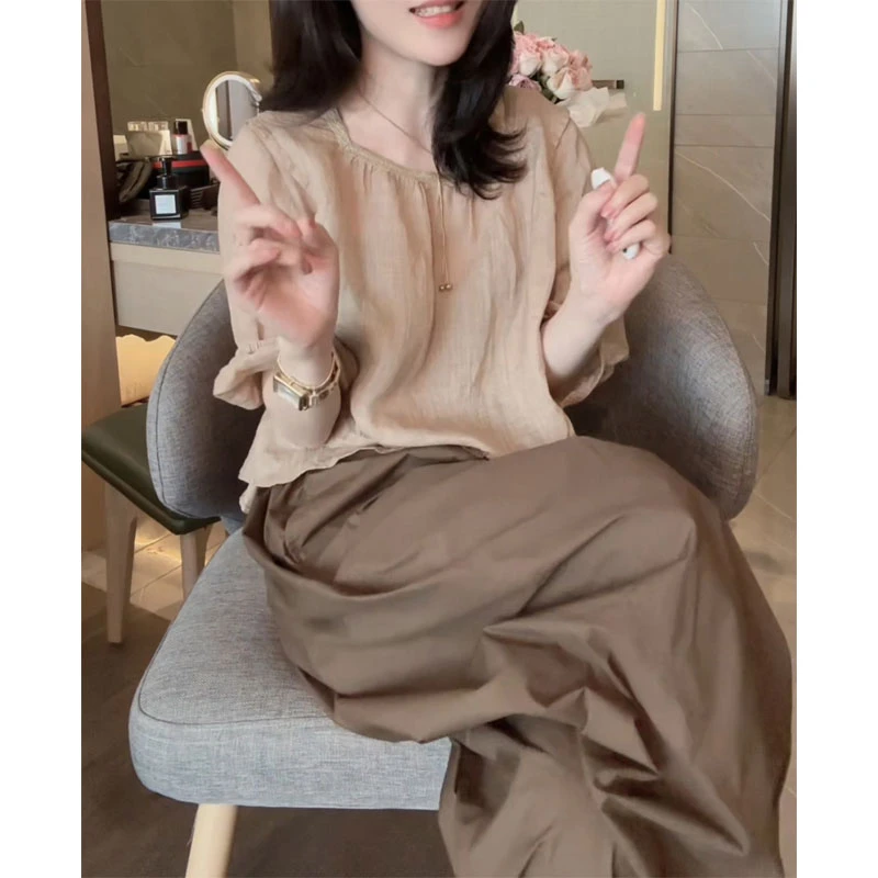 夏季时尚休闲贵气穿搭一整套宽松七分袖上衣阔腿裤减龄两件套装女