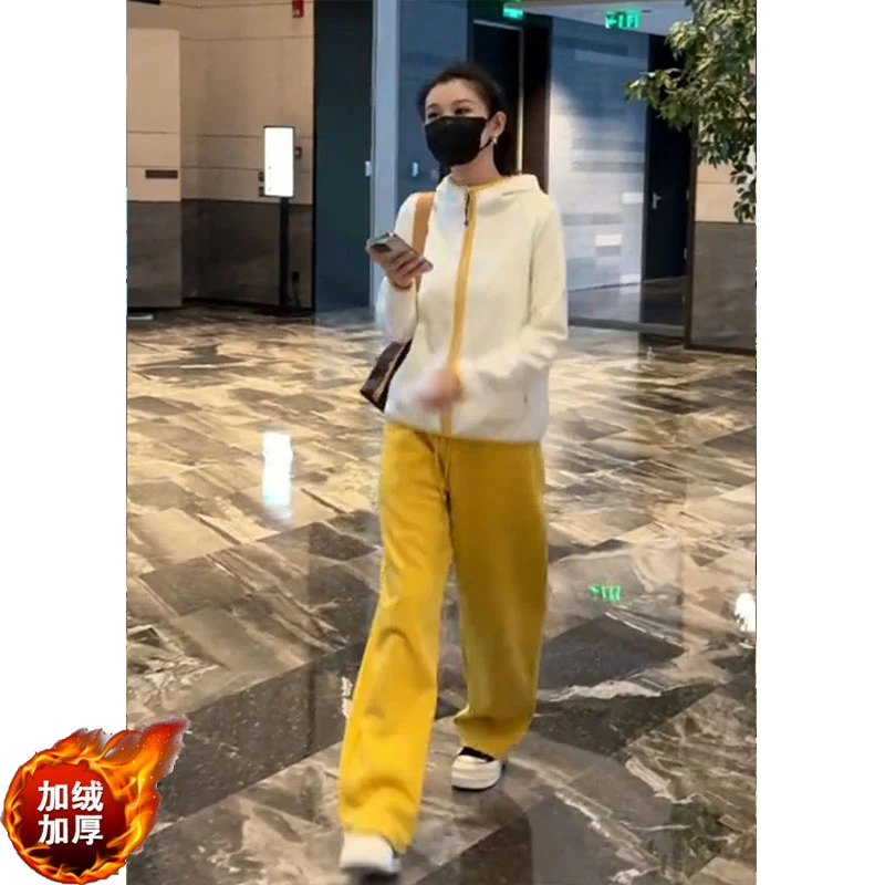 2024秋冬款休闲加绒加厚显瘦套装连帽卫衣开衫高腰直筒长裤两件套