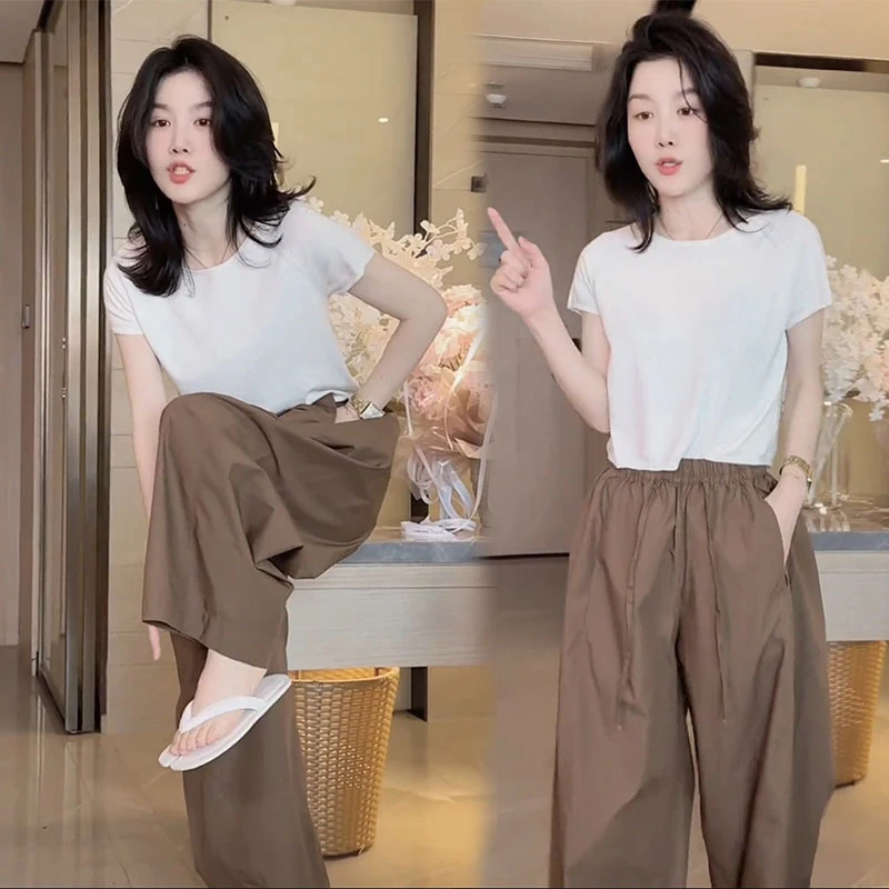 休闲洋气套装2024夏季新款气质短款针织衫松紧腰阔腿裤减龄两件套