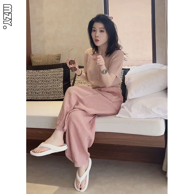 微胖显瘦夏季轻熟减龄穿搭薄款凉感针织开衫宽松阔腿裤子两件套装