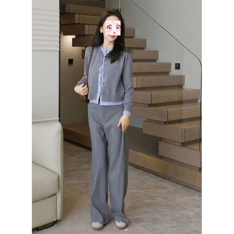 温柔系穿搭2025秋季假两件拼色长袖毛衣开衫垂感直筒西装裤两件套