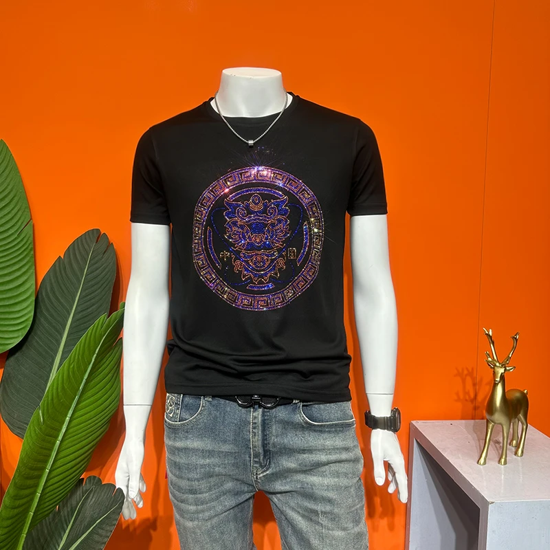 欧货潮流烫钻短袖时尚修身版圆领T恤夏季休闲百搭男士冰丝半袖