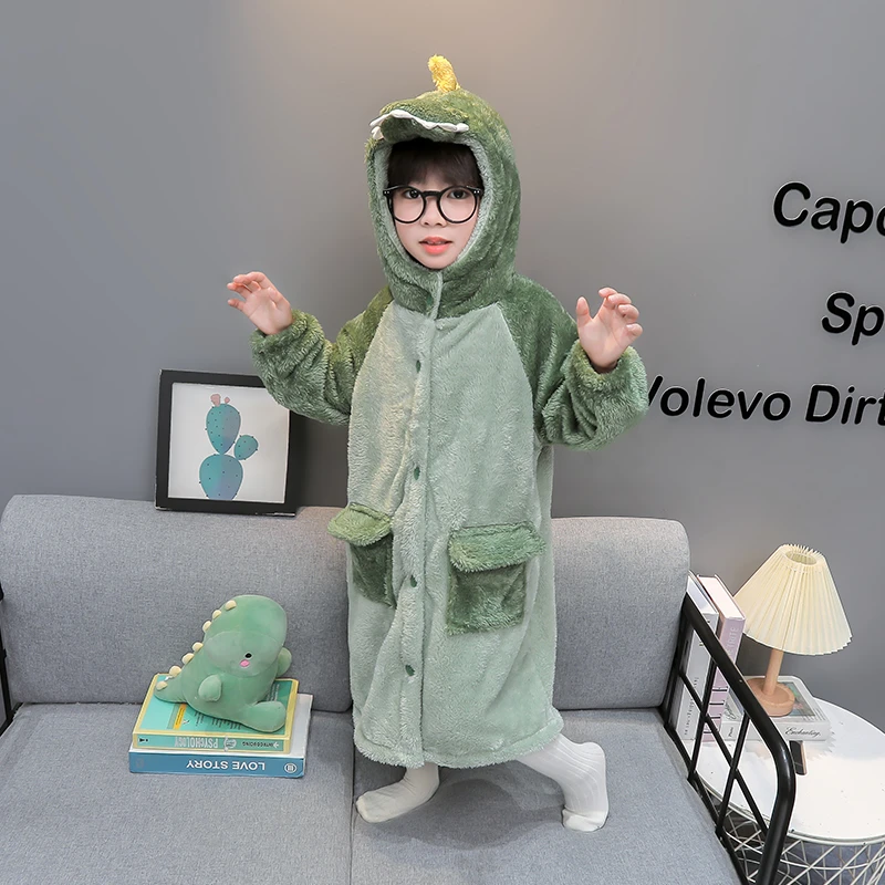 男童恐龙睡袍秋冬季珊瑚绒加厚女宝宝法兰绒睡衣儿童男宝宝家居服