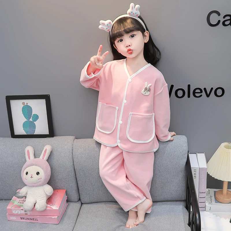 女童睡衣秋冬季奥粒绒加厚开衫分体套装儿童女孩宝宝珊瑚绒家居服