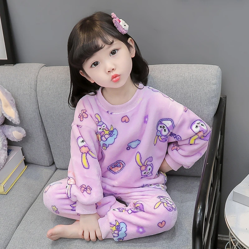 女童法兰绒睡衣秋冬卡通可爱女孩宝宝圆领套装冬季保暖儿童家居服