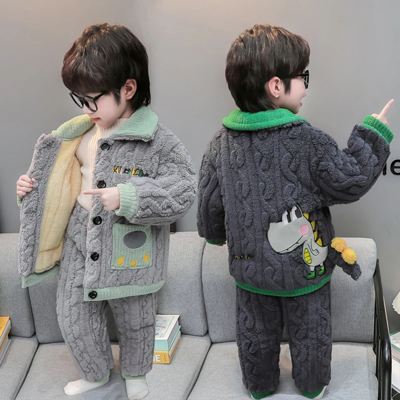 儿童睡衣加绒加厚款冬季男童珊瑚绒三层夹棉家居服宝宝秋冬款恐龙