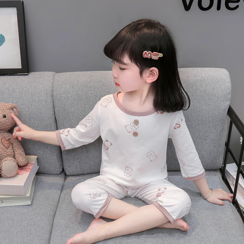 儿童夏季薄款家居服套装女孩宝宝卡通纯棉睡衣女童薄款夏装空调服