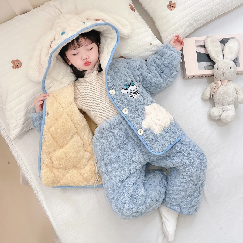 女童睡衣冬季珊瑚绒三层夹棉加厚儿童款宝宝法兰绒家居服套装冬款
