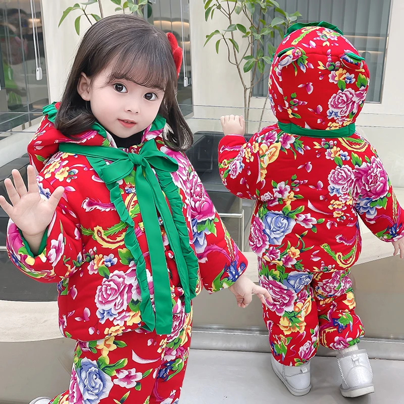东北大花棉袄儿童套装小宝宝冬季女童棉服过年衣服男童棉衣冬装厚