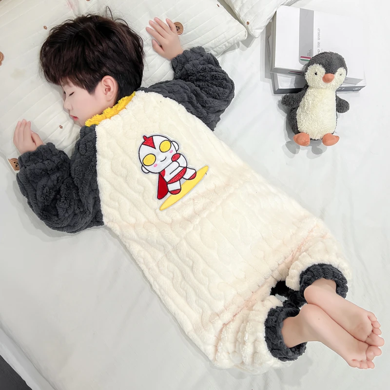 儿童连体睡衣秋冬法兰绒男童睡袋加厚宝宝男孩奥特曼珊瑚绒家居服