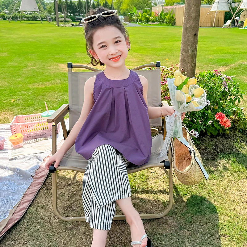 女童无袖套装夏季新款小女孩韩版洋气娃娃衫上衣儿童阔腿裤两件套