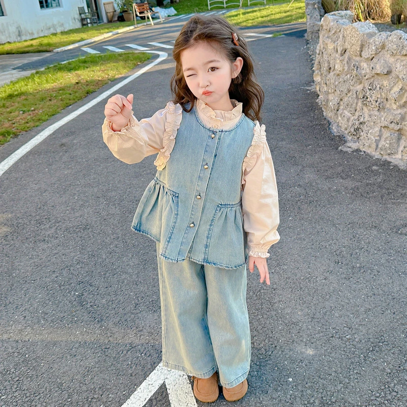 女童春秋牛仔套装2025新款女宝宝韩版洋气儿童秋装休闲花边三件套