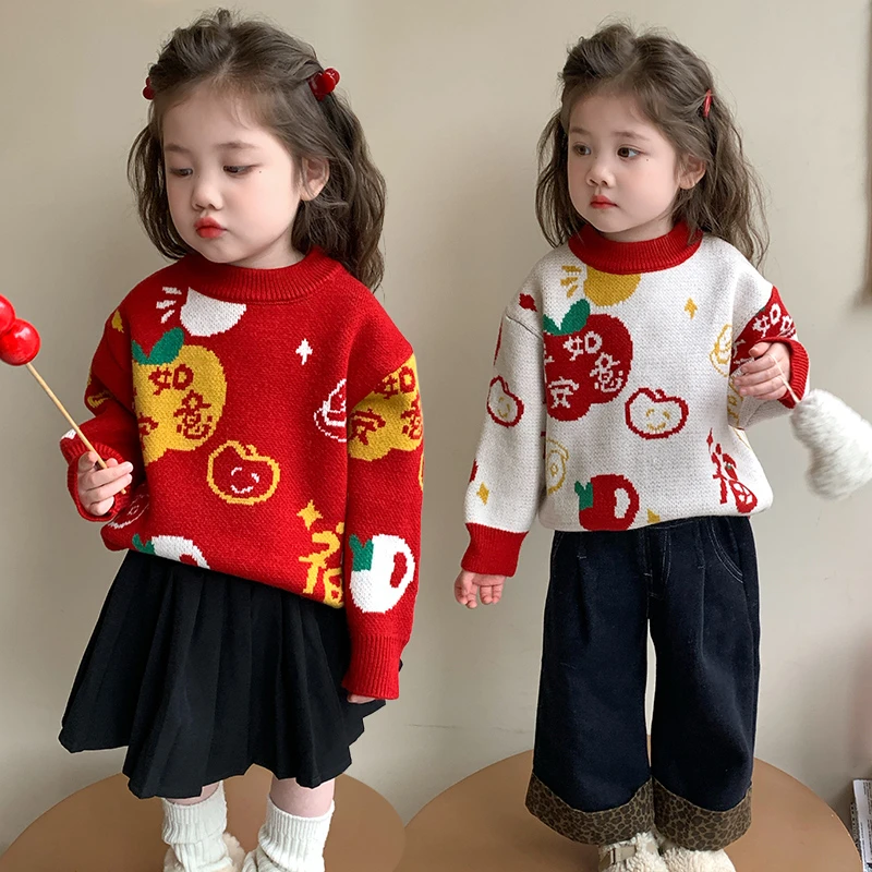 女童毛衣2024秋冬新款红色儿童冬装洋气上衣冬季宝宝加绒加厚针织