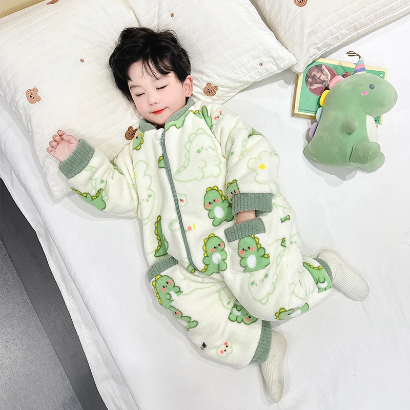 儿童连体睡衣冬款加厚男童法兰绒睡袋三层宝宝防踢被婴儿连身衣服