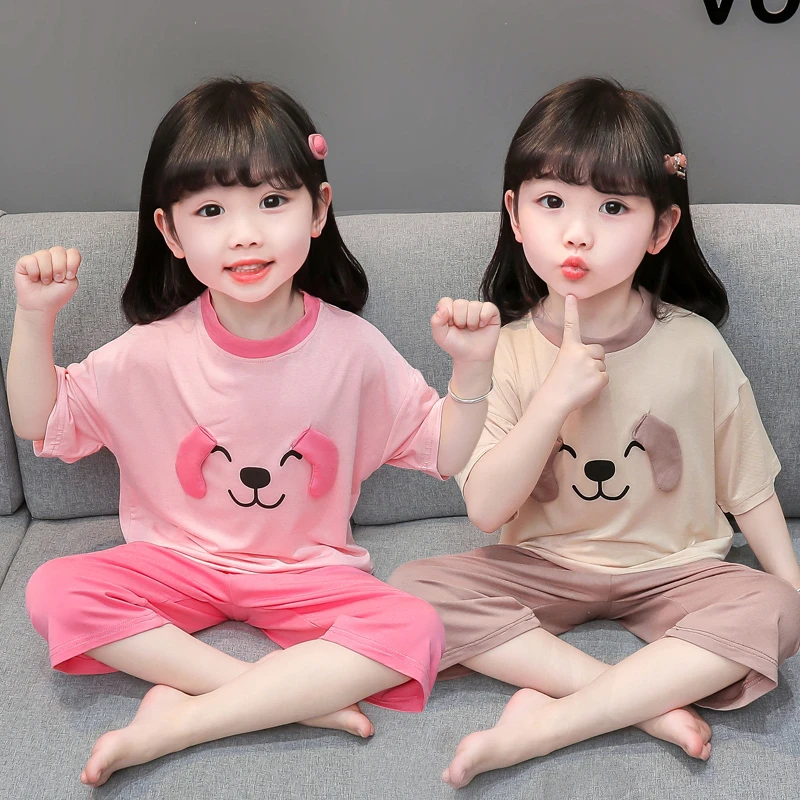 女童睡衣夏季薄款儿童夏天莫代尔家居服卡通女宝宝夏款空调服套装