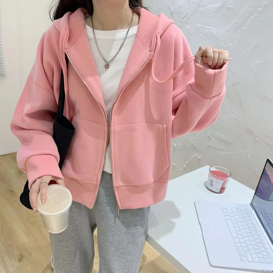 连帽短外套女开衫2025年春季新款宽松休闲百搭上衣女外套学生纯色