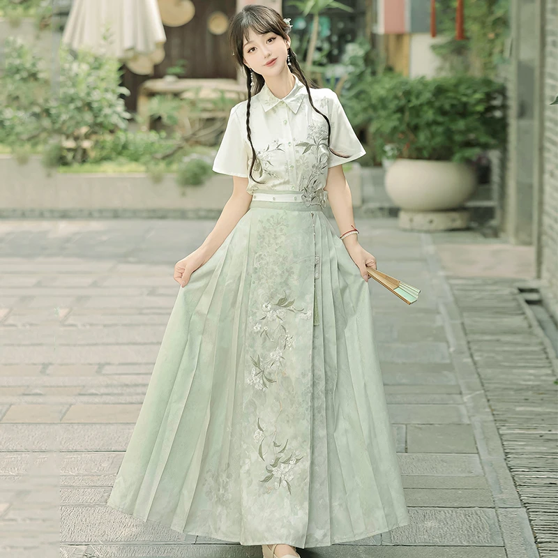 寻夏原创明制汉服女改良日常汉元素新中式国风短袖衬衫马面裙套装