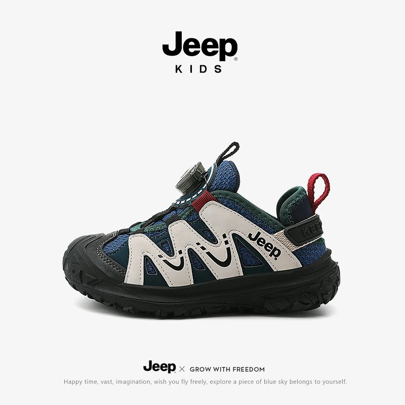 Jeep男童运动鞋软底轻便女童防滑跑鞋2025春秋新款旋钮网面休闲鞋