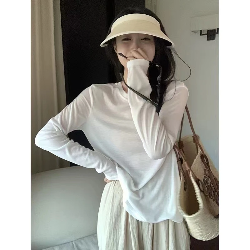 6769 长袖面膜T恤女夏季薄款设计感小众圆领宽松显瘦防晒罩衫上衣