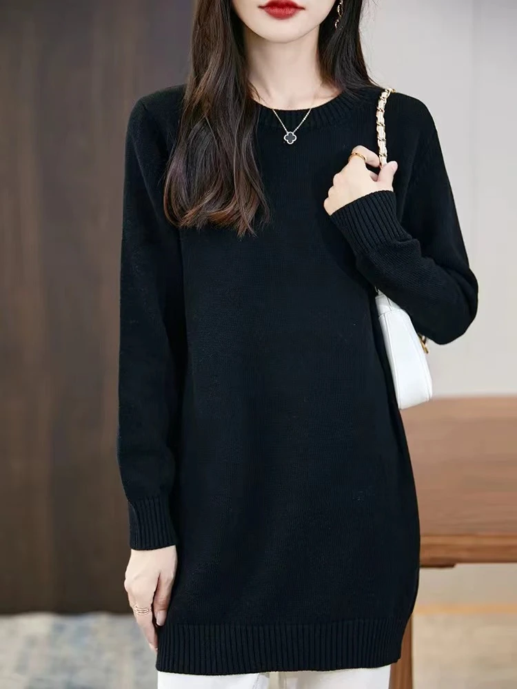 076 中长款圆领毛衣女宽松长袖秋冬内搭针织打底衫上衣