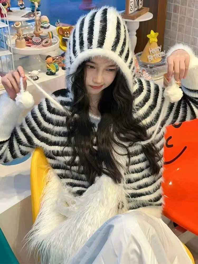 3220 Y7条纹毛衣女秋冬2024新款连帽针织衫开衫外套慵懒风上衣