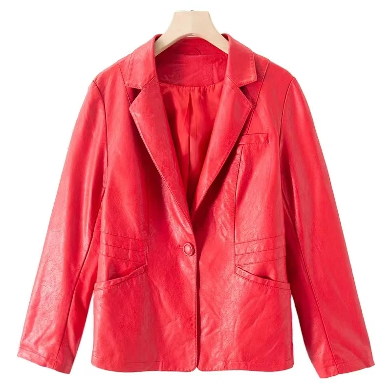 5165 170 9春装西装领一粒扣收腰皮衣外套休闲时尚