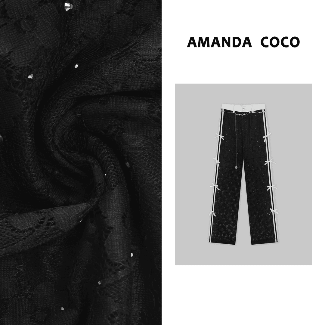 AMANDACOCO私服丨小众设计~高定烫钻蝴蝶蕾丝阔腿裤