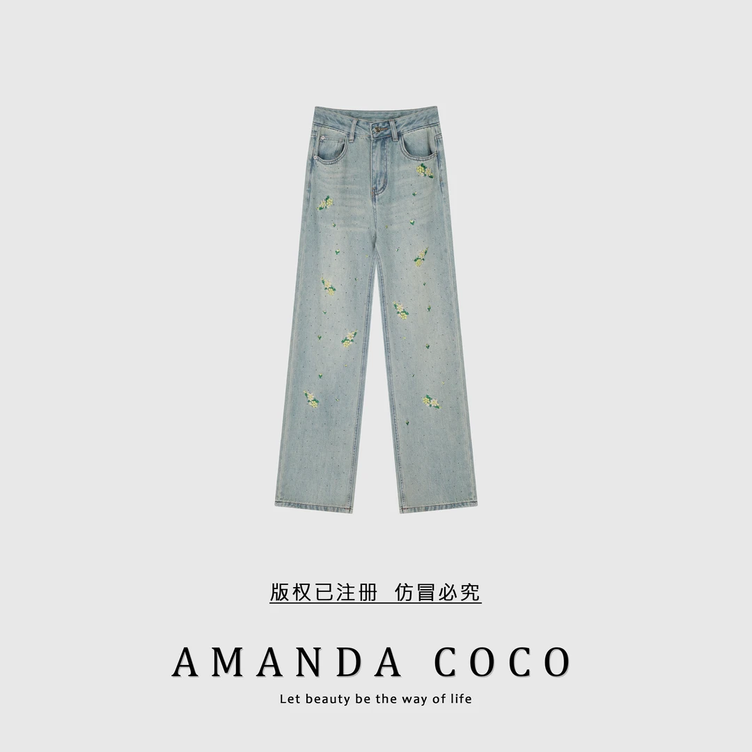 AMANDACOCO私服 |欧货潮牌~高定烫钻刺绣显瘦阔腿裤