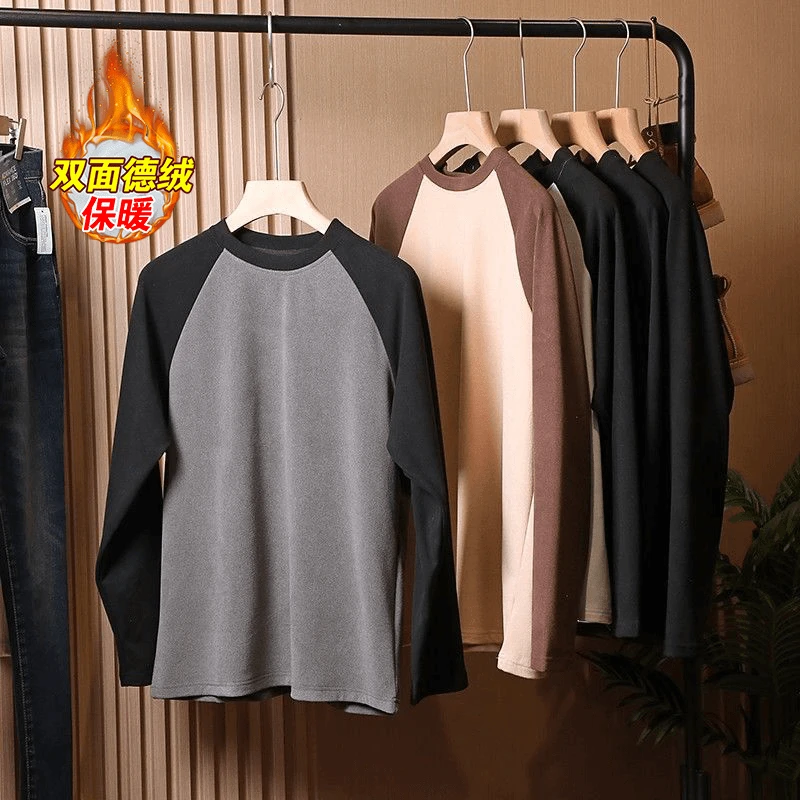 美式撞色长袖t恤男女秋冬季加绒加厚双面德绒保暖打底衫外穿上衣