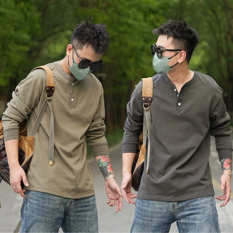 300G重磅亨利领基础双纱厚实长绒复古棉硬汉风男士长袖T恤打底衫