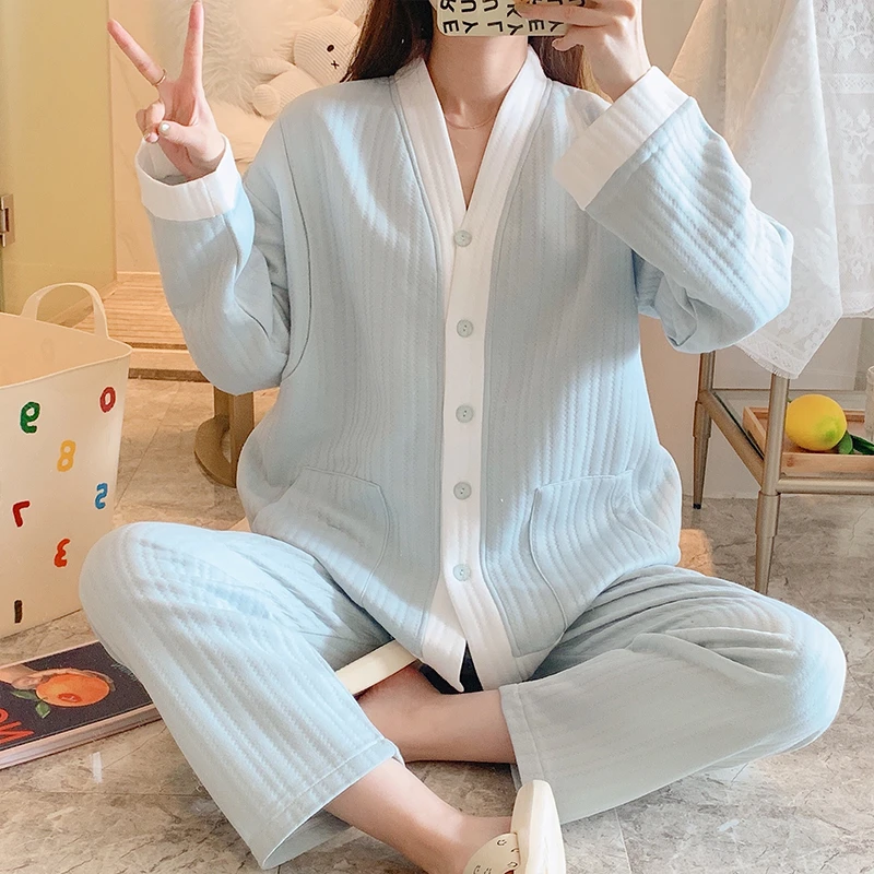 8-18度春秋冬季加厚保暖空气棉纯棉月子服产后哺乳喂奶孕妇睡衣女