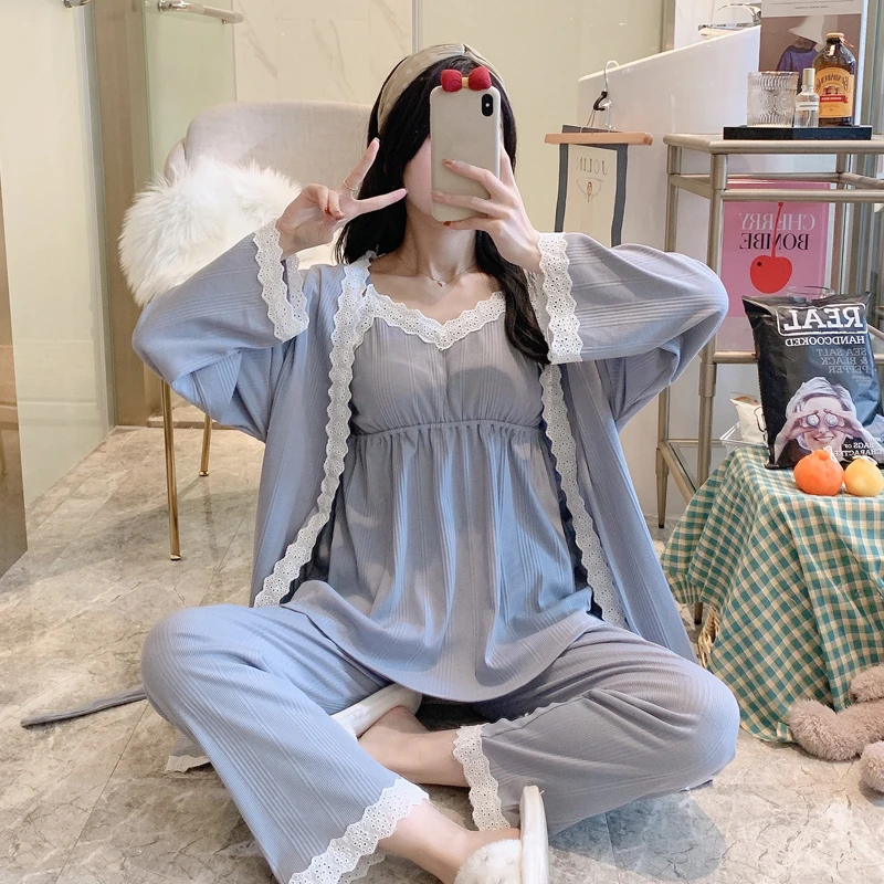 带胸垫待产纯色三件套精梳棉产后喂奶哺乳月子服孕妇睡衣春夏秋季