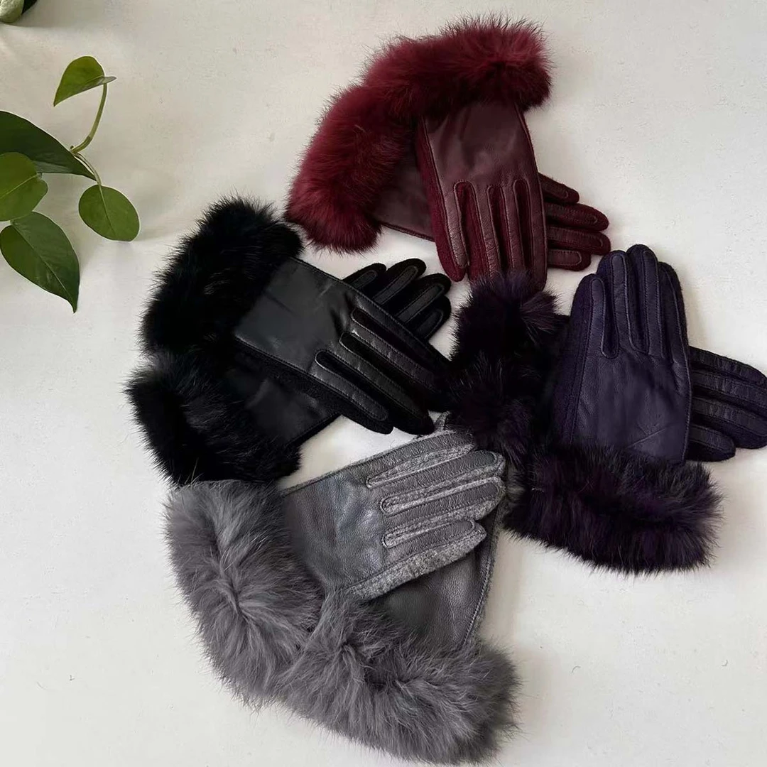 【林典】2023款高端优雅气质时尚百搭舒适兔毛口贴皮手套9856