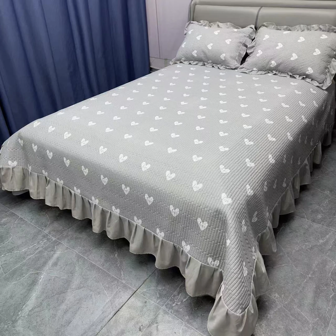 【裙边床盖】<比翼心-灰>2.4X2.4m<±5cm><含裙边>绗缝多功能水洗