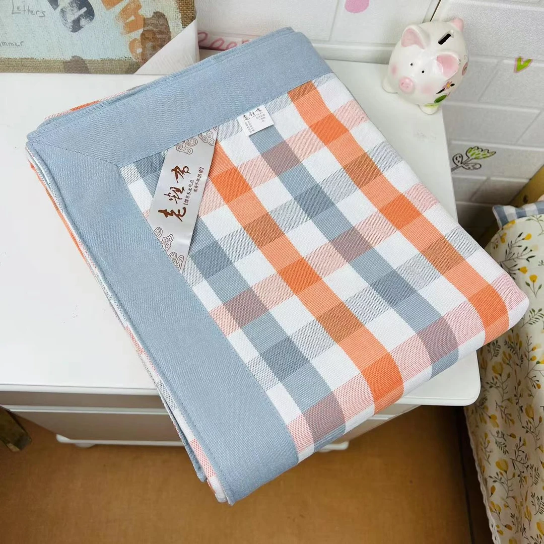 老粗布【凉席床单单件】<橙白灰中小格>200X230cm<±5cm>