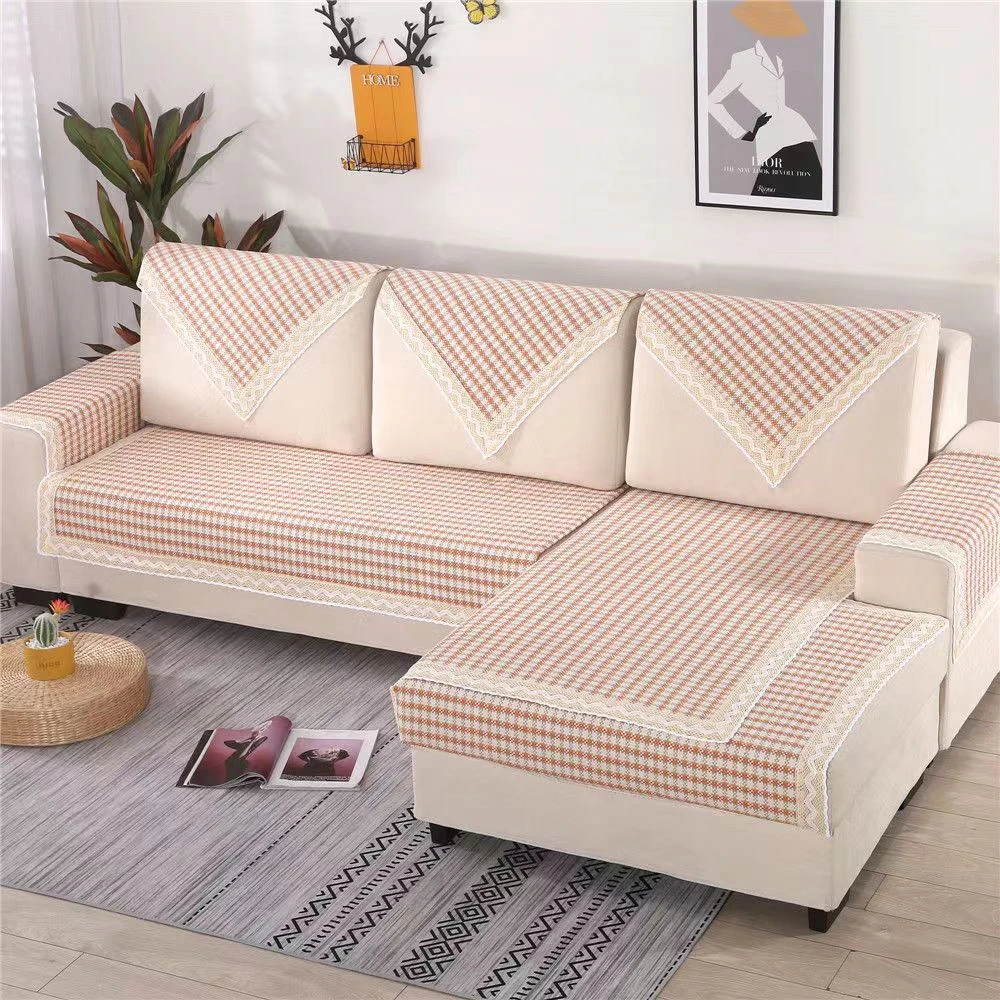 老粗布【沙发巾单条装】<小橙咖格>90X280cm<±5cm> 加厚简约透气