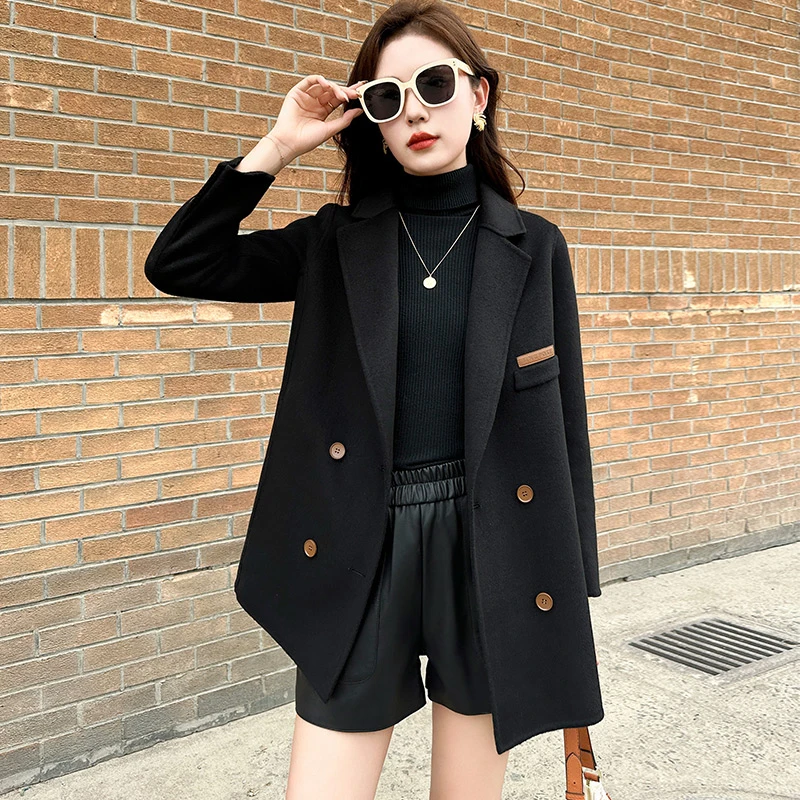 双面羊毛大衣女2024新款春秋冬黑色中长款呢子小个子西装毛呢外套