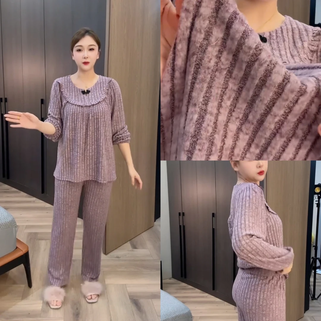 秋冬气质时尚舒适大码女士宽松圆领长袖休闲洋气网红盘扣家居套装