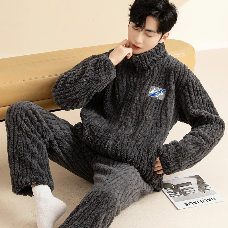 男士睡衣珊瑚绒秋冬季加绒加厚保暖法兰绒冬天青年男生家居服套装