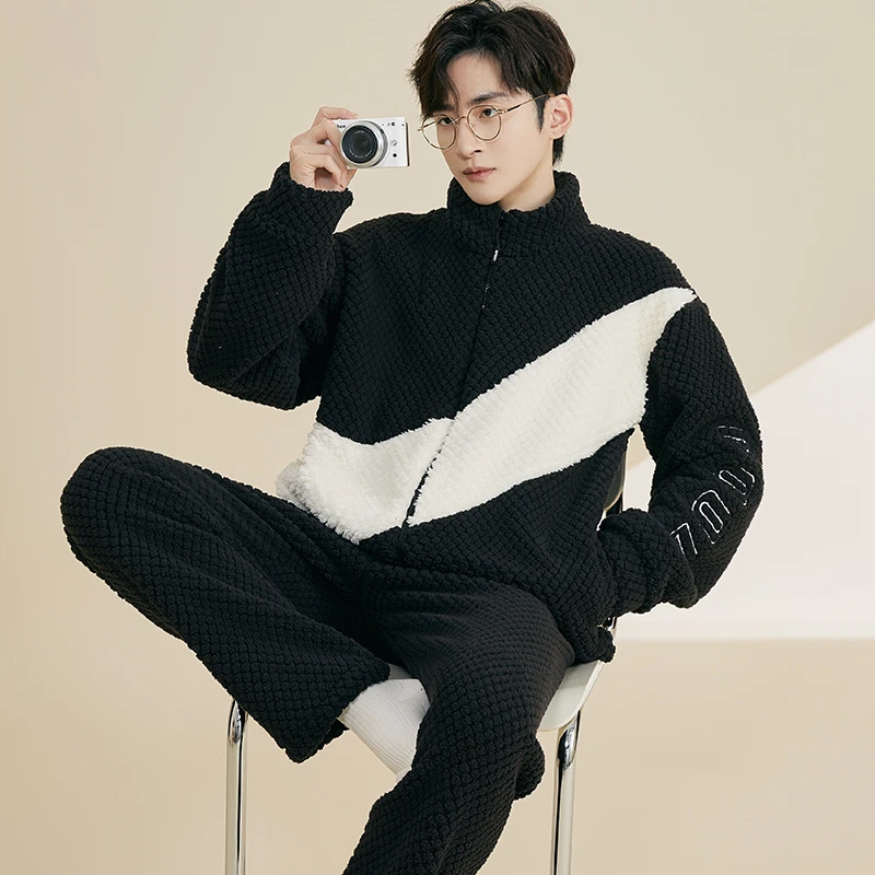 秋冬季睡衣男士珊瑚绒加厚加绒法兰绒冬天冬款保暖拉链家居服套装